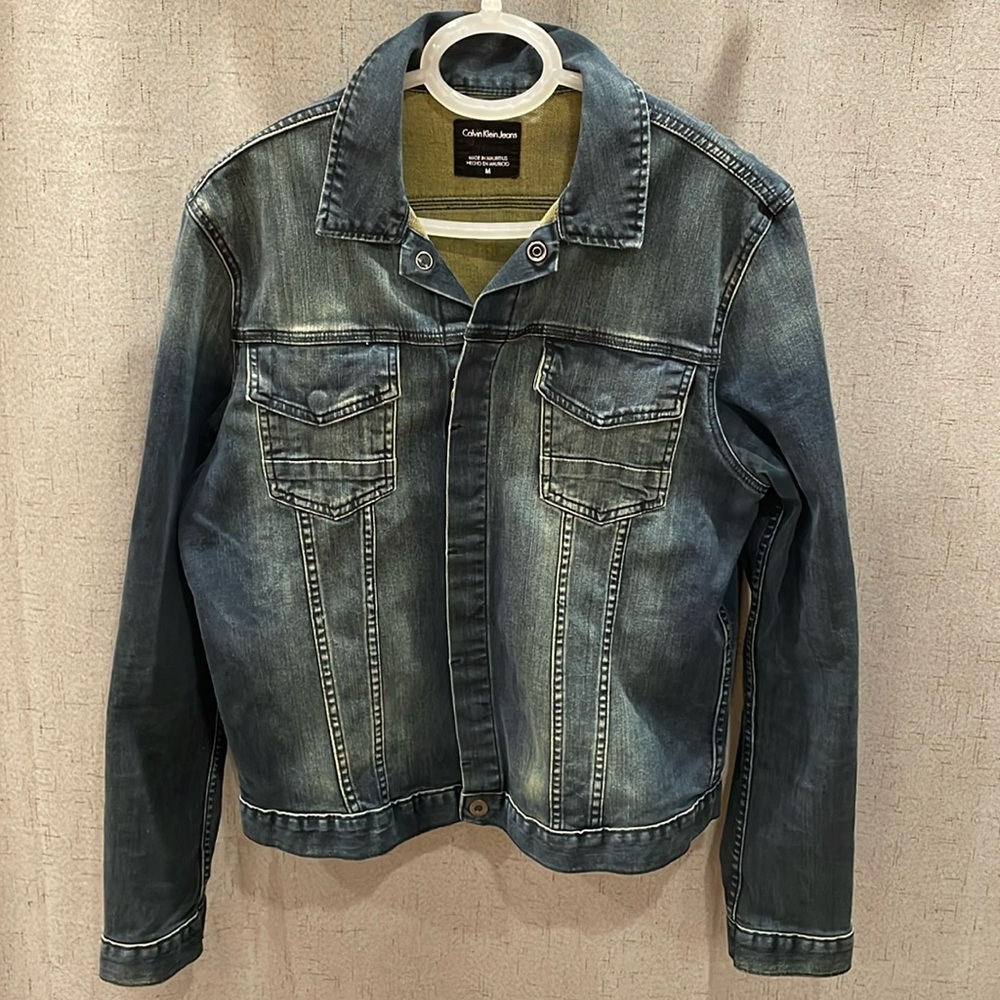 Calvin Klein Dark Wash Denim Jacket Medium M Hidden Snap front Closure Blue
